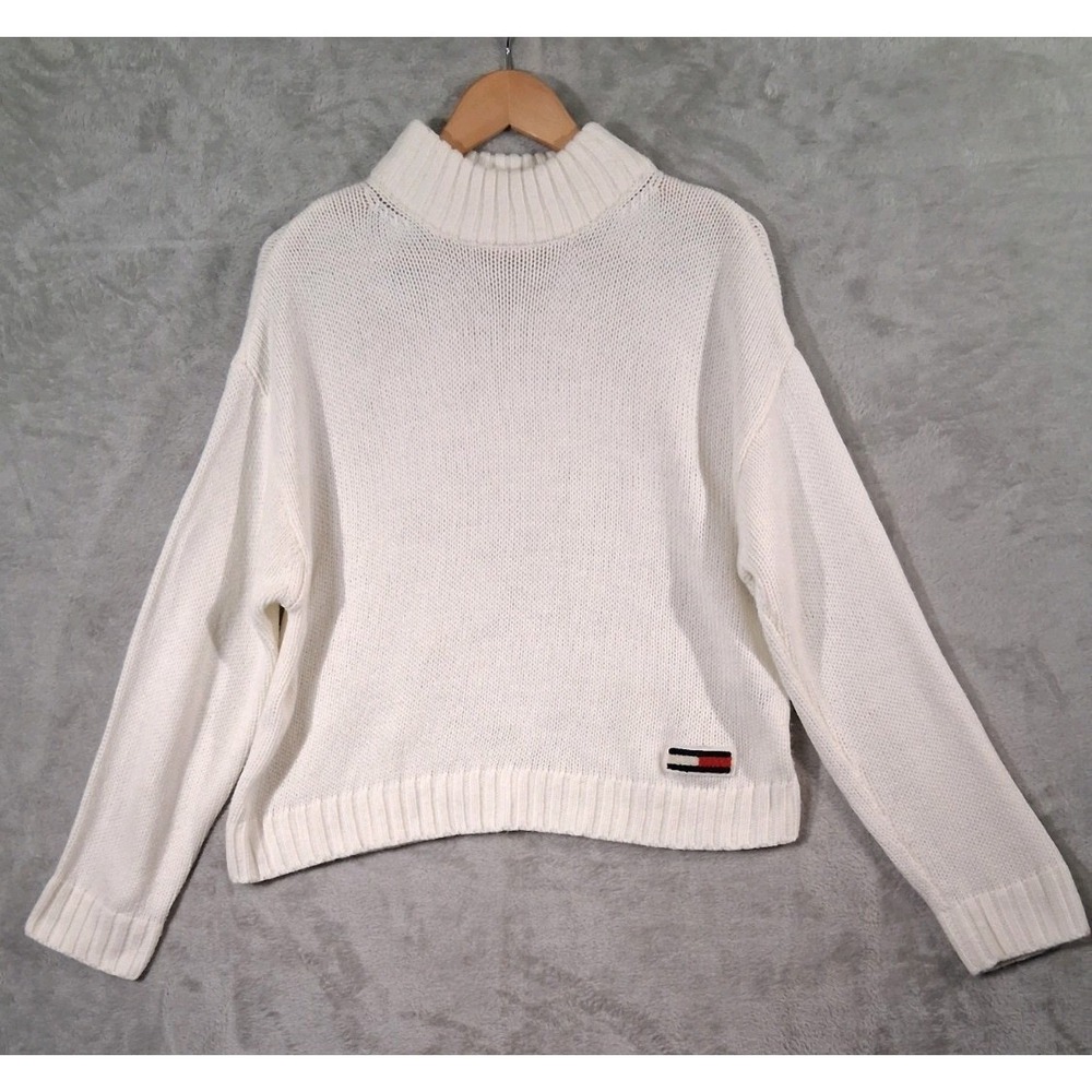 Tommy Jeans White Mock Neck Sweater XL Cropped Knit  Flag Logo Y2K Coquette